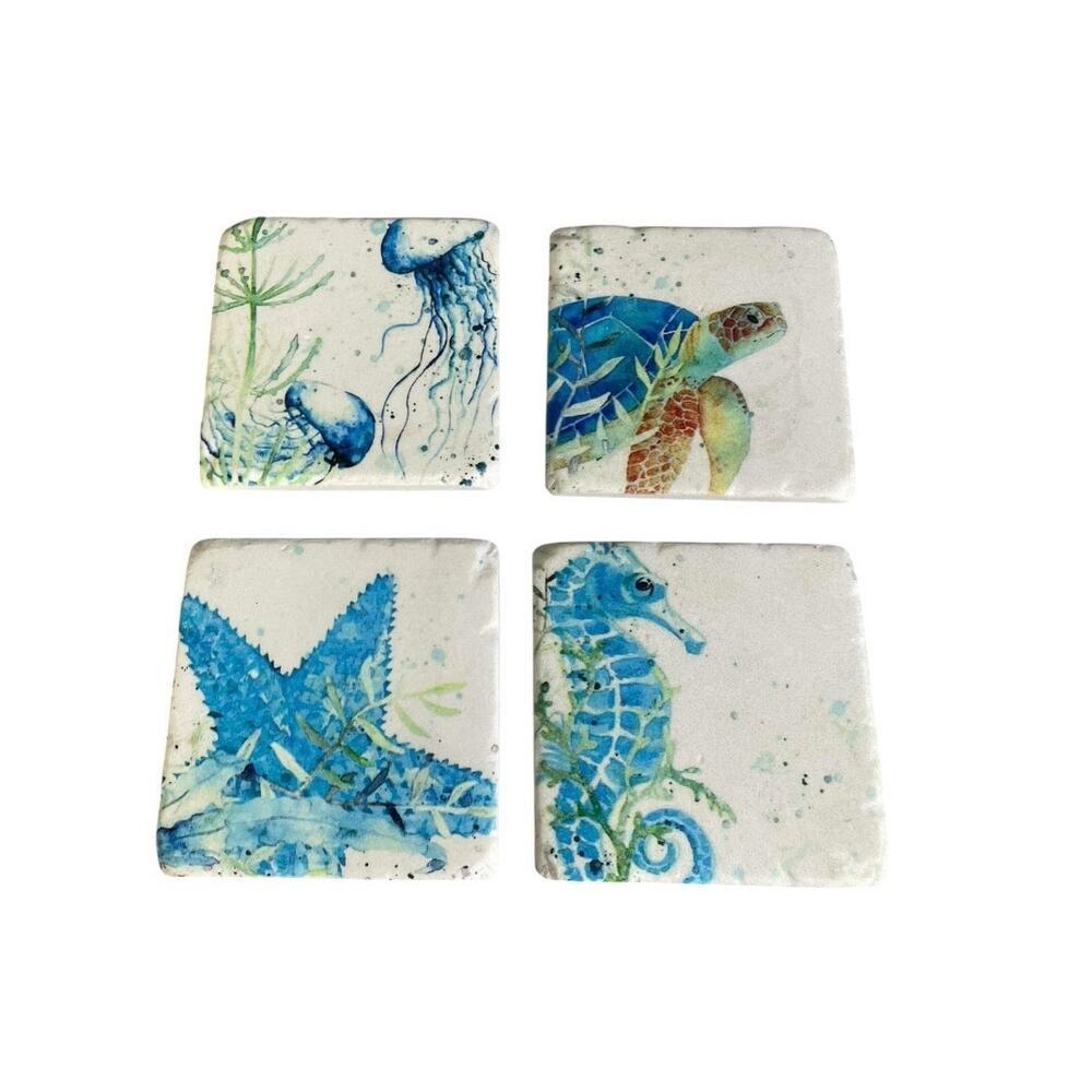 Set of 4 Blue Watercolor Sea Creature Coaster Set Size: 4”x 4”